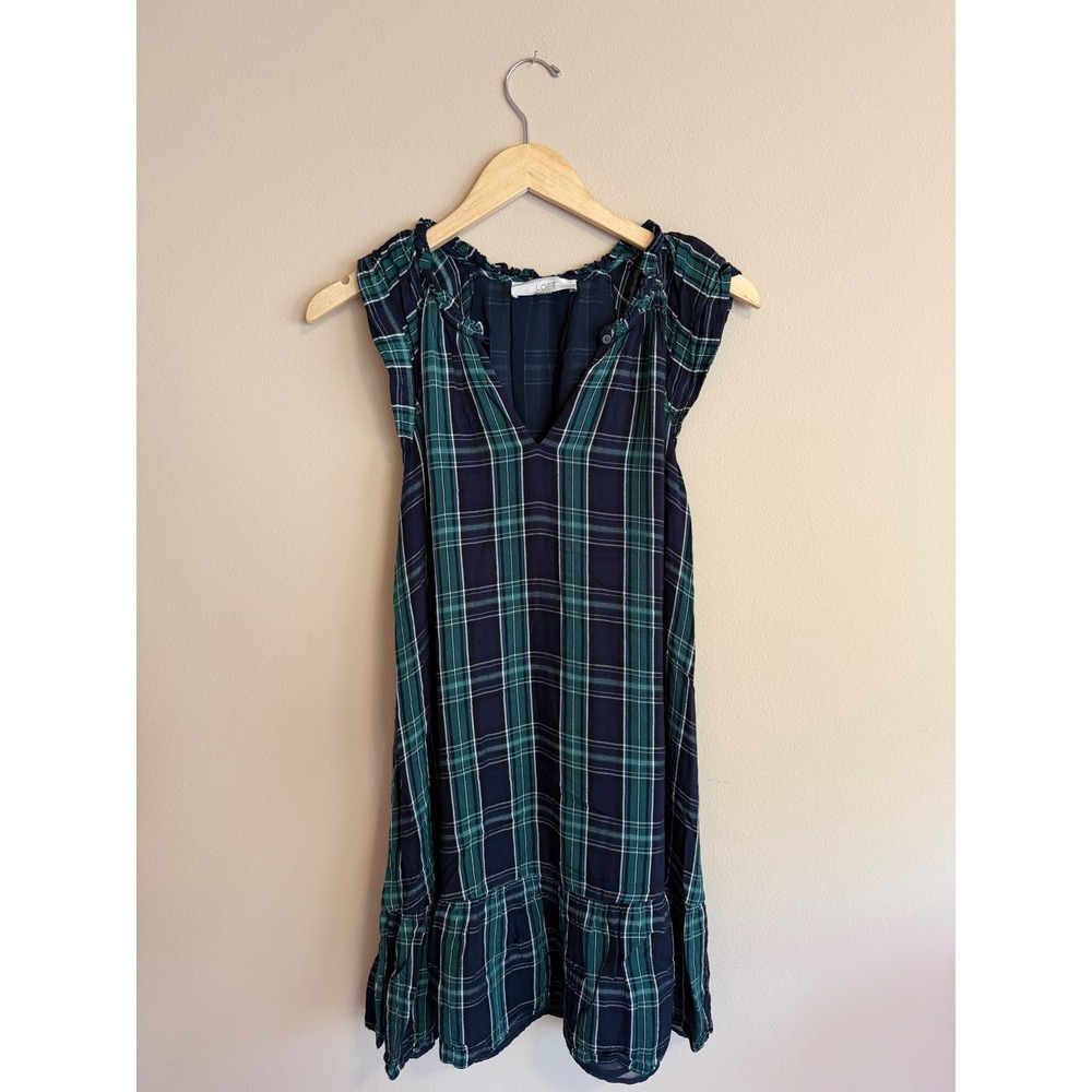 Loft Navy Green Plaid Sleeveless V-Neck Ruffle Tiered Shift Dress Size 0